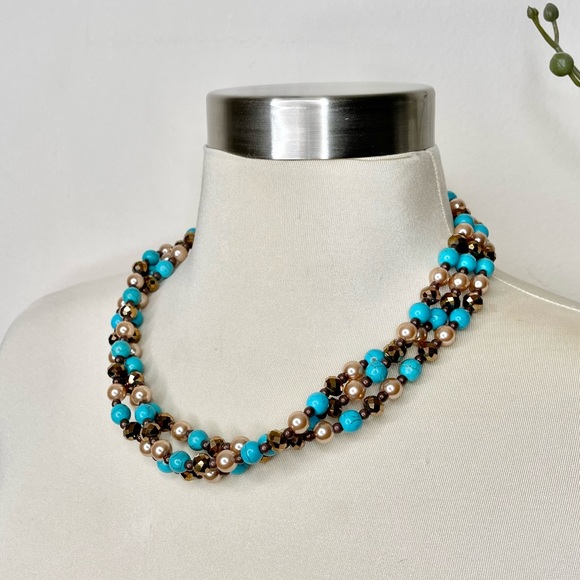 Turquoise Beaded Bronze Triple Stand Necklace - Picture 3 of 8
